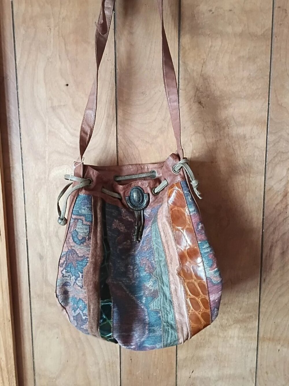 Vintage Sereta Patchwork Leather Bucket Bag Boho Multicolor Shoulder Purse
